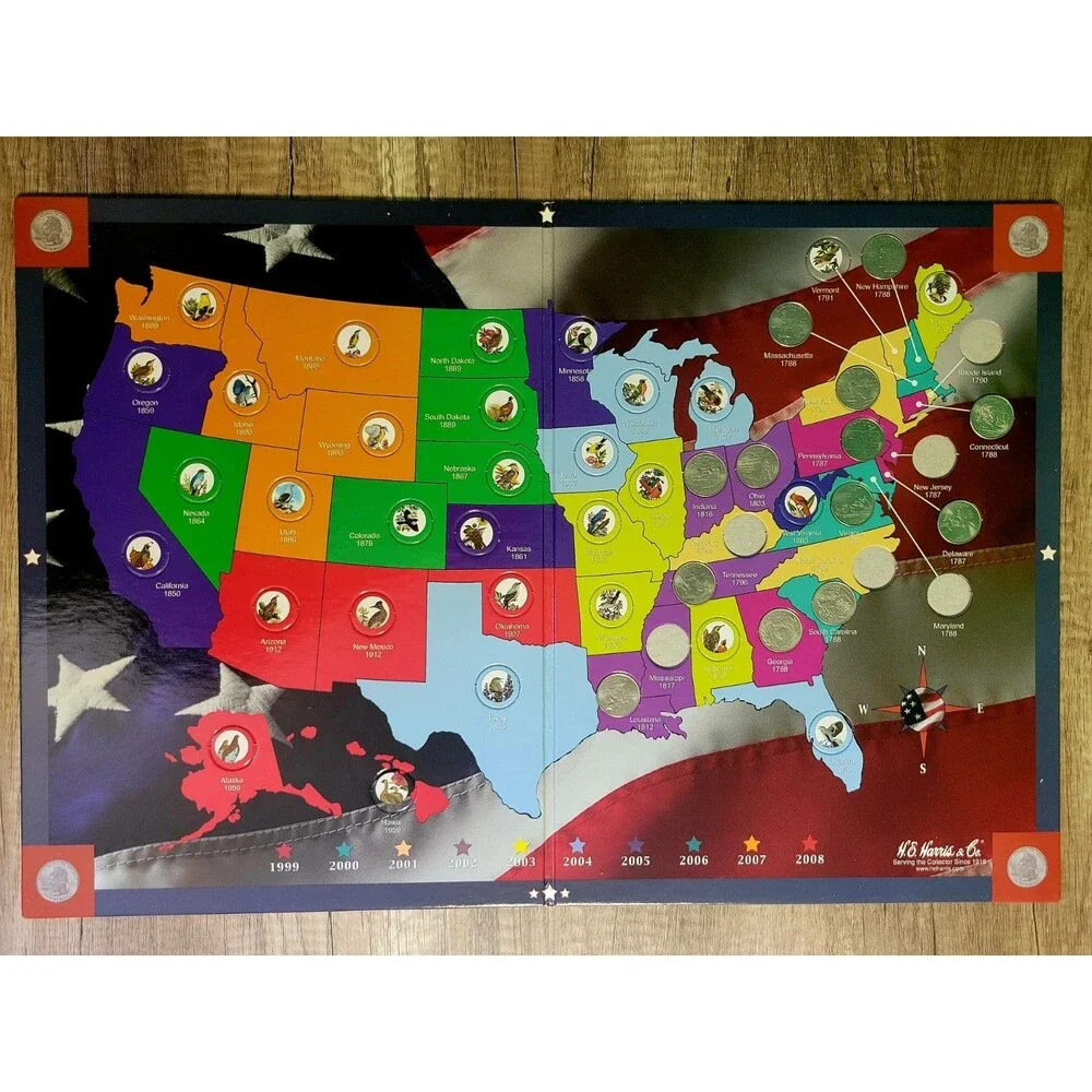 H.E. Harris & Co. State Series Quarters Collectors Map + Partial Set (13 of 50)